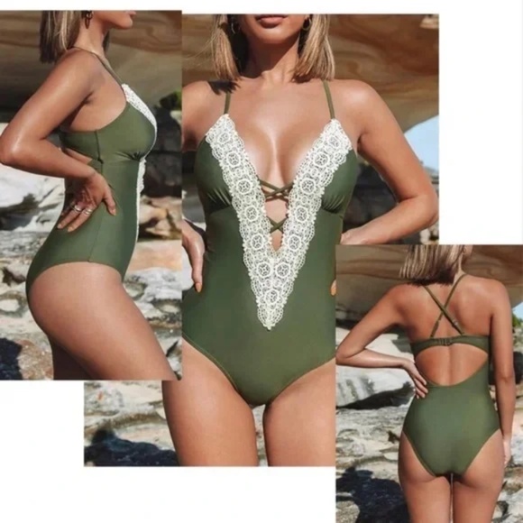 Cupshe Olive Green Lace Trimmed Plunge  V-Neck One-Piece Swimsuit Size S - Picture 1 of 12